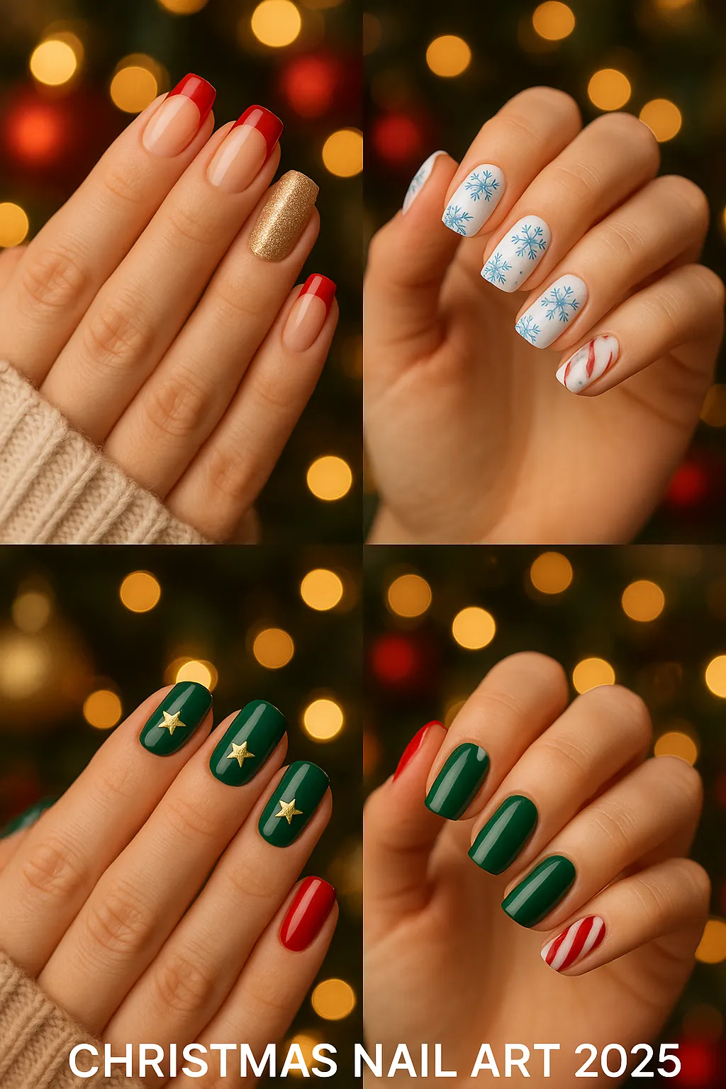 Christmas nail art designs 2025 - red French tips, snowflakes, candy canes and festive styles