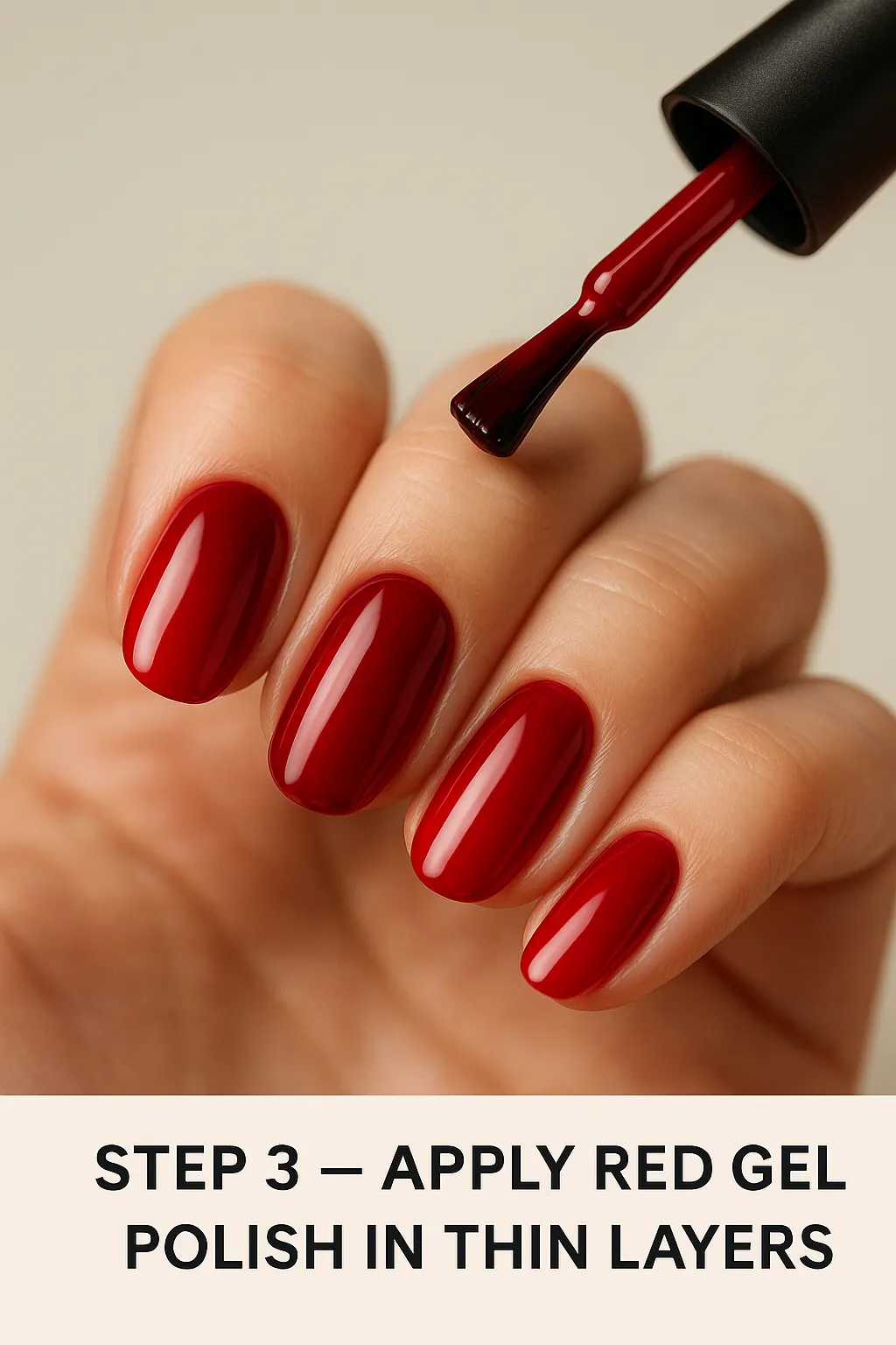 Step 3 – Apply red gel polish in thin layers over cured black base for rich crimson color