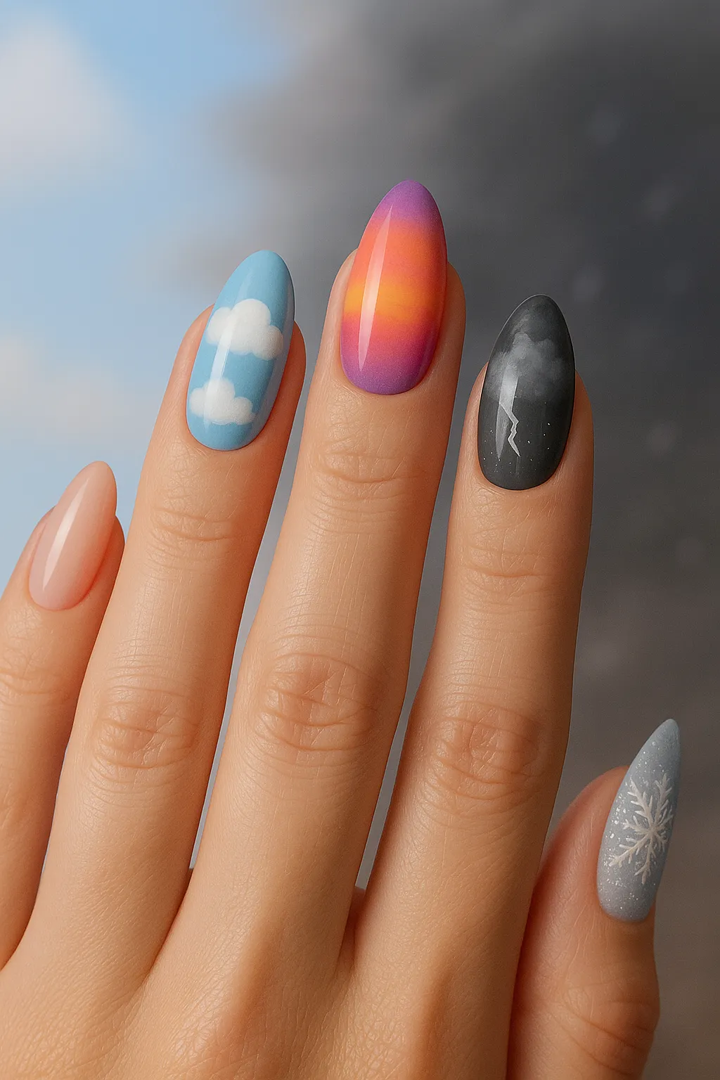 Weather nail designs for different moods - sunny, rainy, and stormy nail art